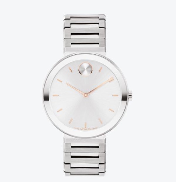 a silver watch with a white dial