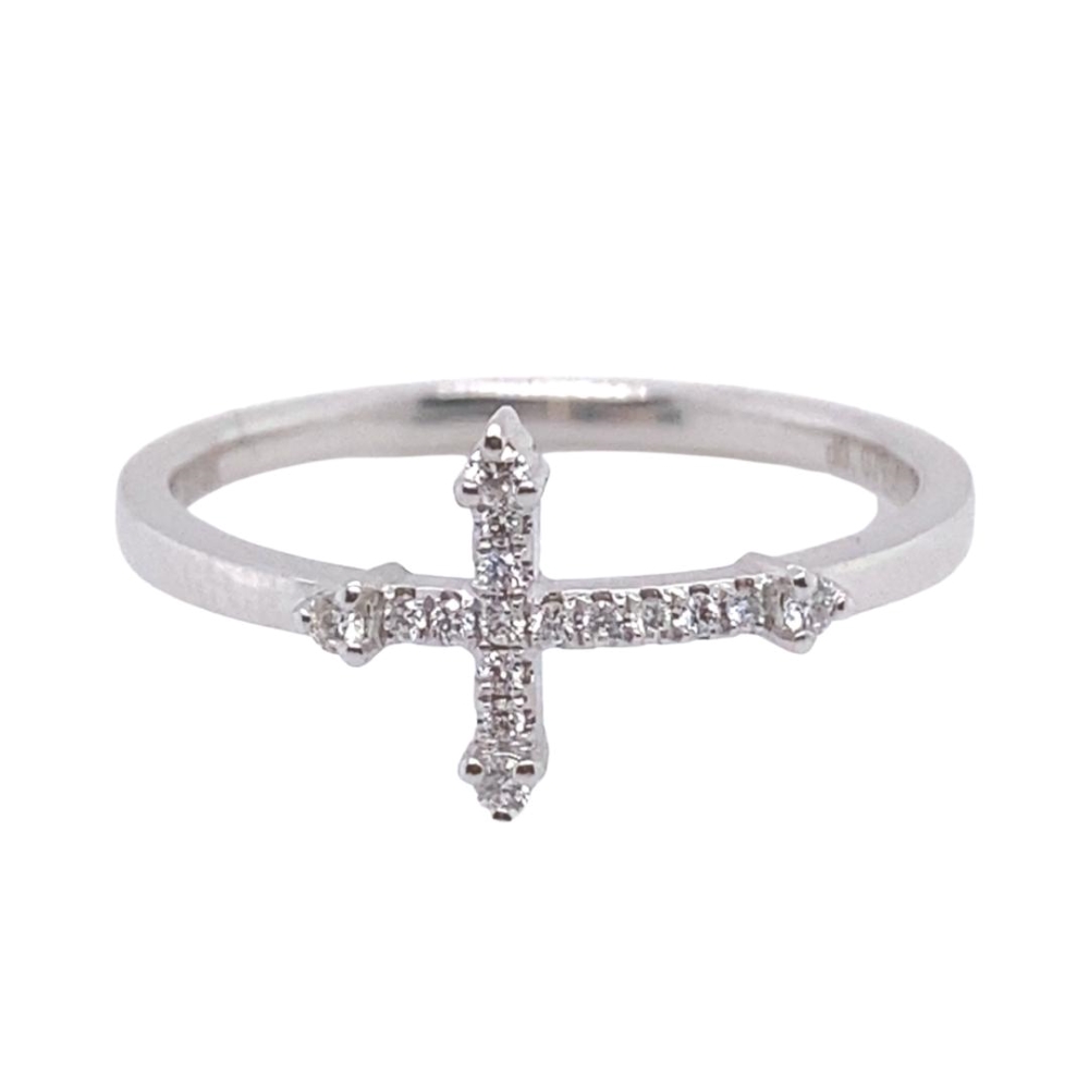 a white gold ring with a cross on it