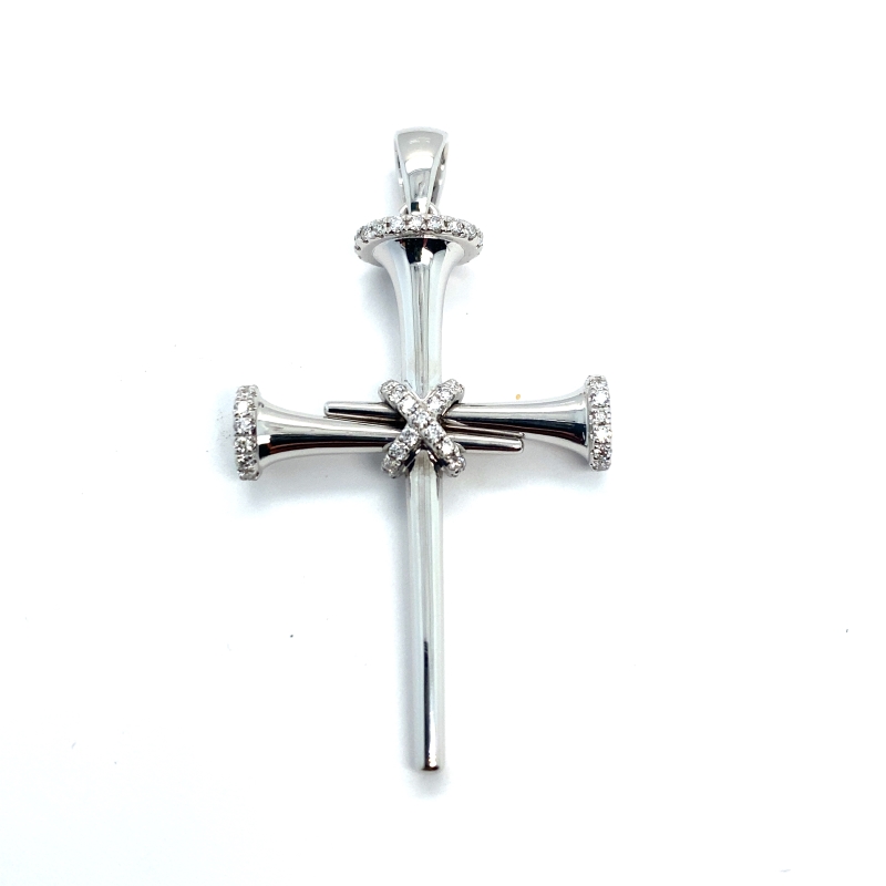 a silver cross with diamonds on it