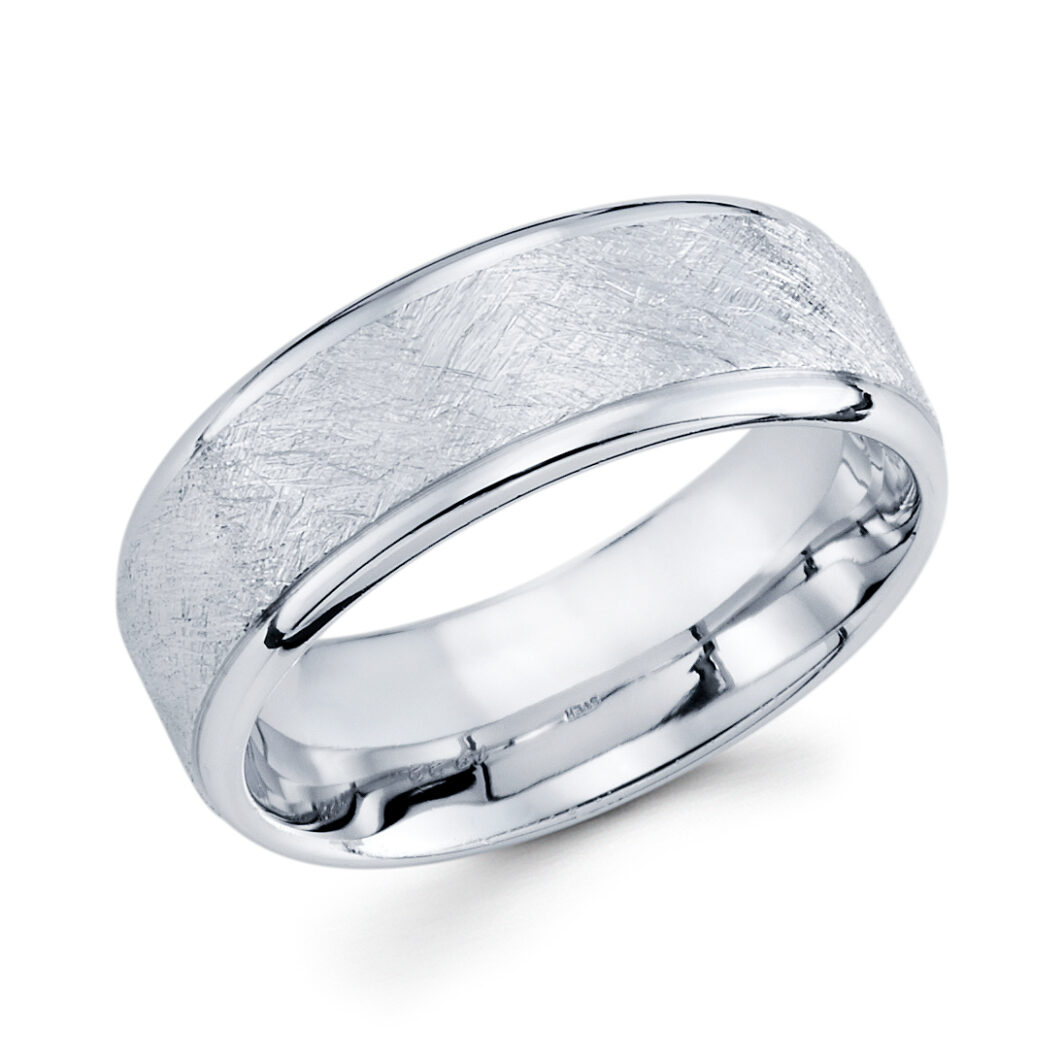 a white gold wedding band with a textured finish