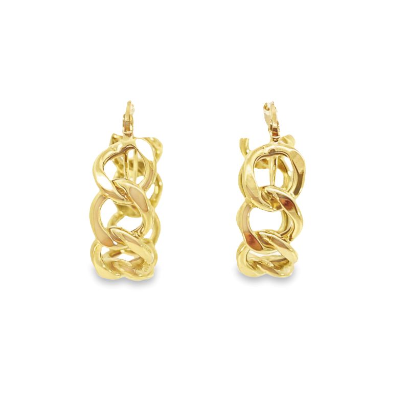 a pair of gold earrings on a white background