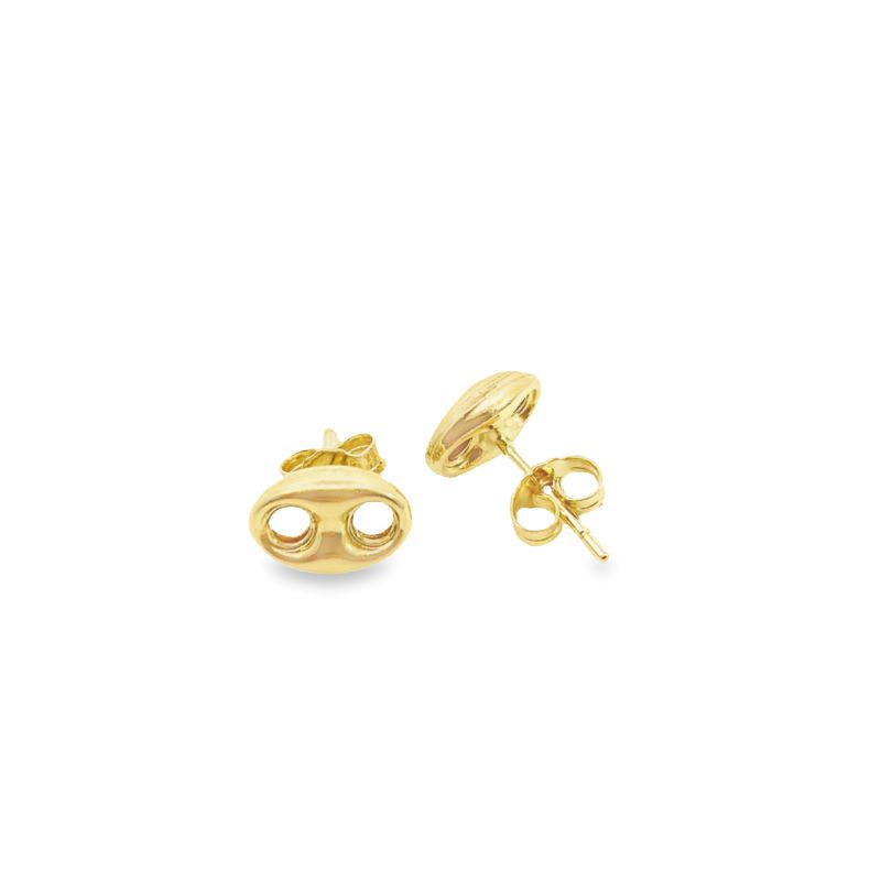a pair of yellow gold earrings on a white background