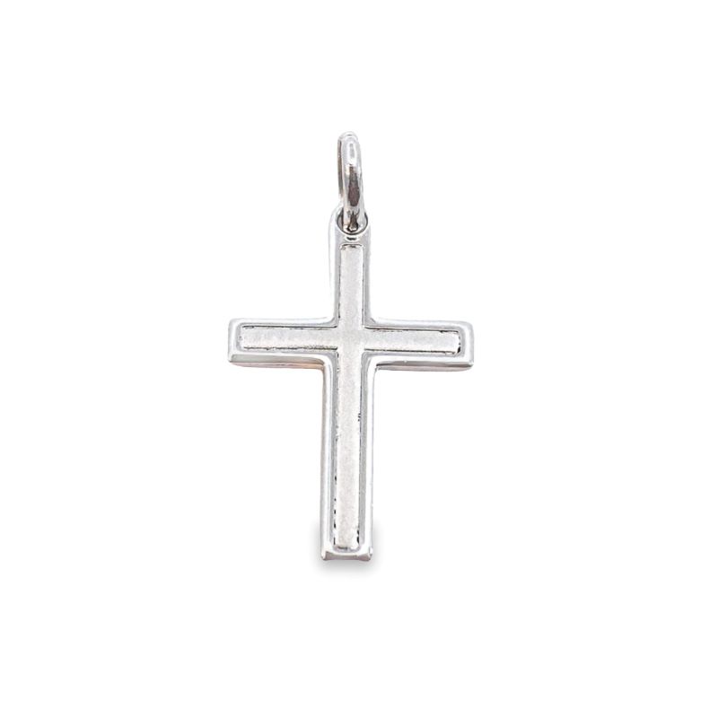 a silver cross charm on a white background