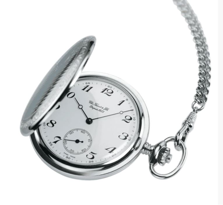 an open pocket watch on a chain