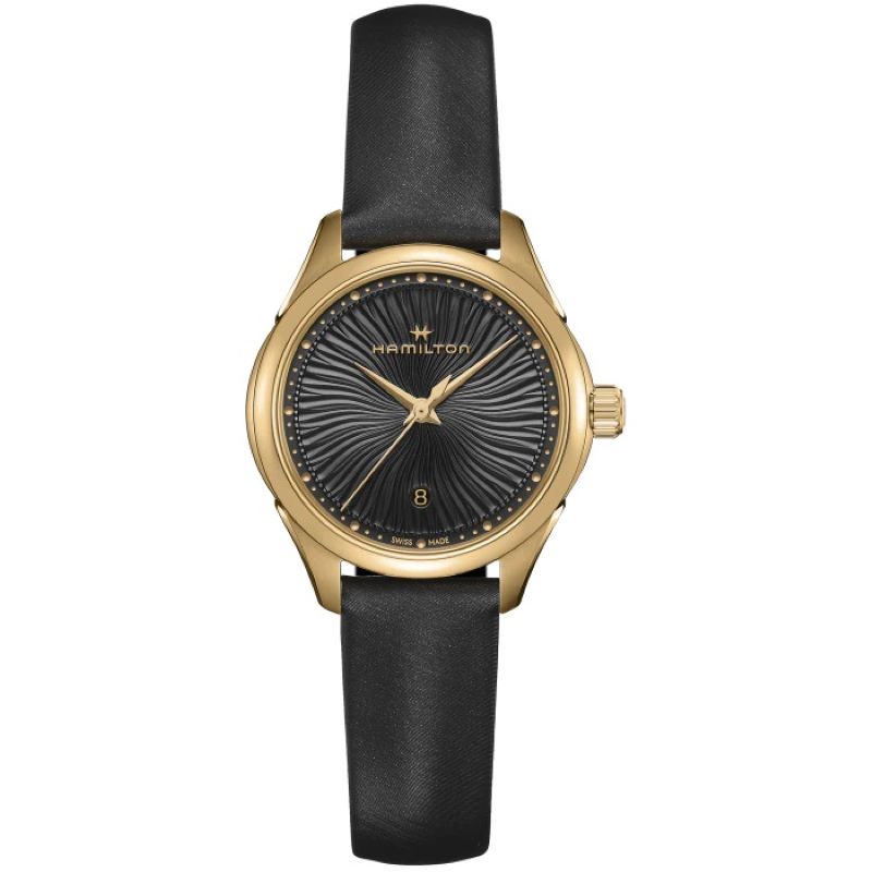 a gold and black watch with a leather strap