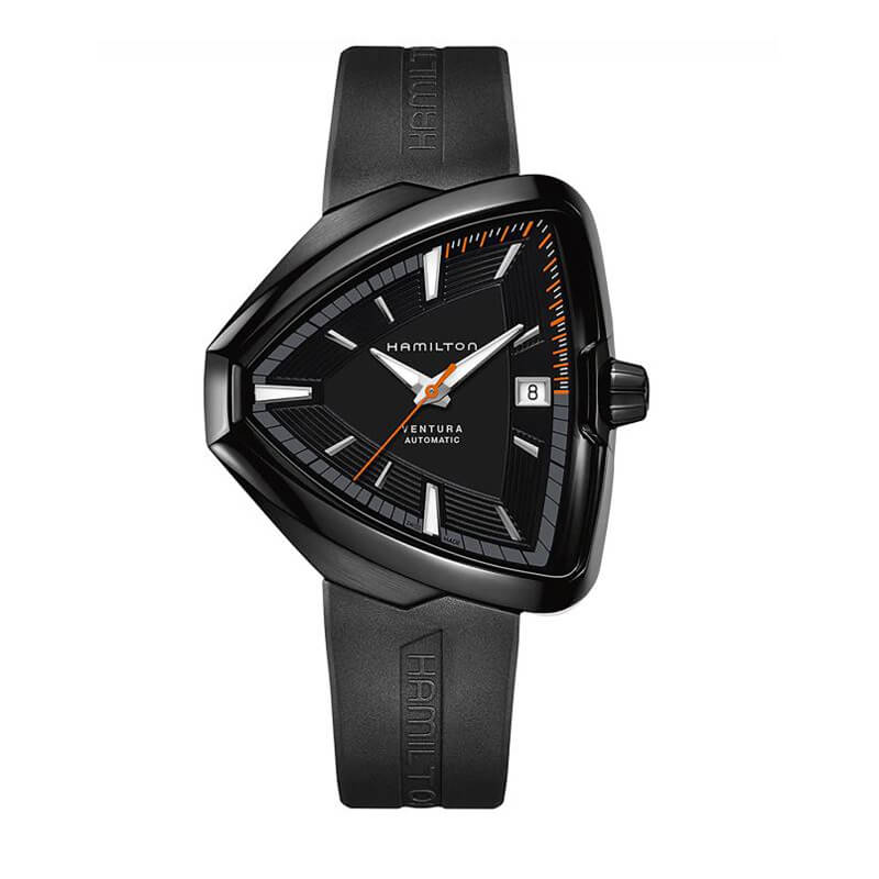 a black watch with an orange second hand