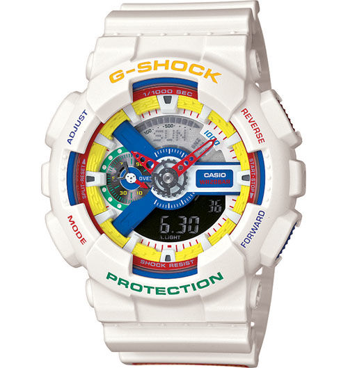 a white watch with multicolored dials on the face