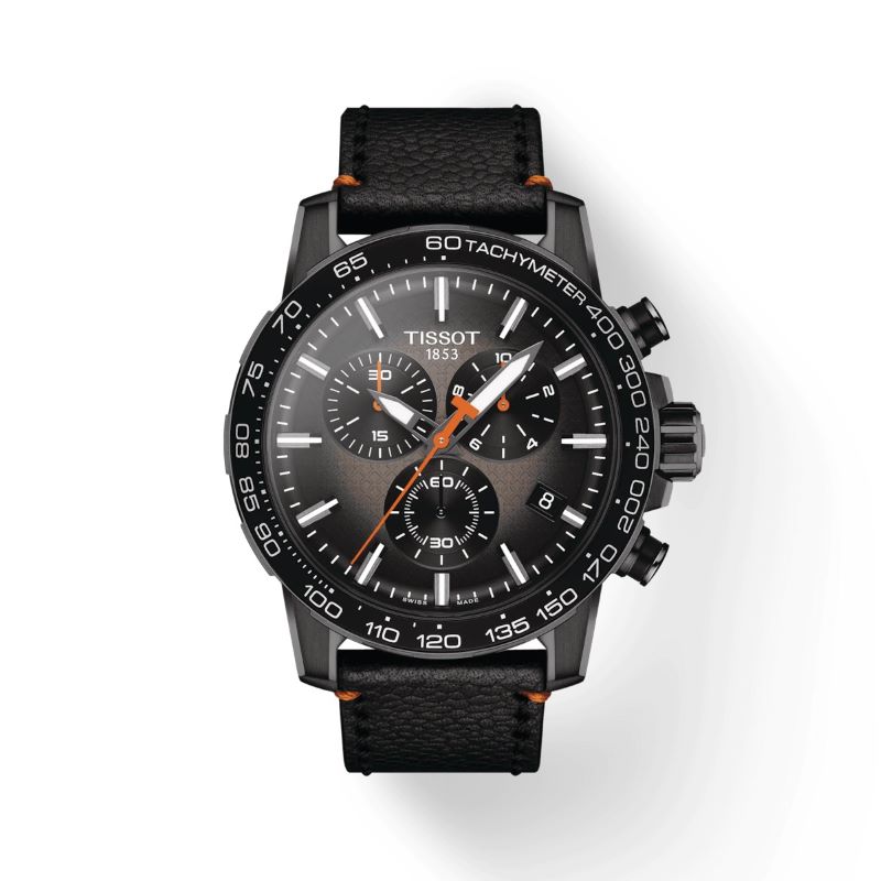 a black watch with an orange second hand