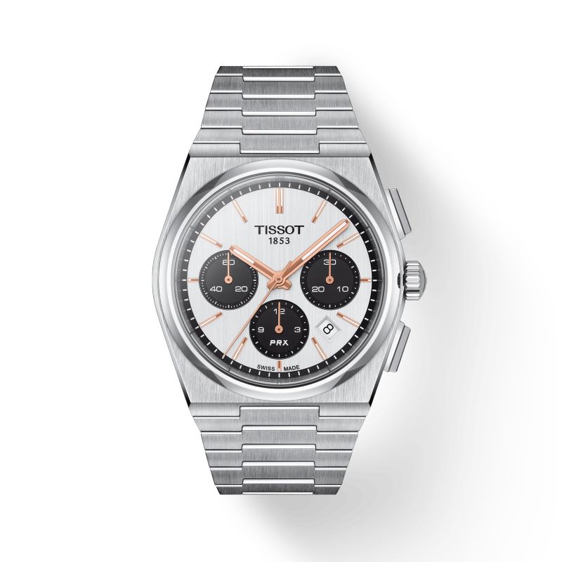 a silver watch with black and orange numbers