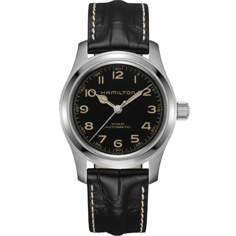 a watch with black dials and leather straps