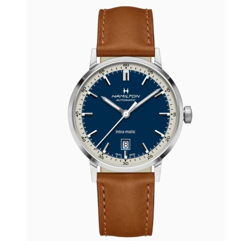 a watch with a blue dial and brown leather strap