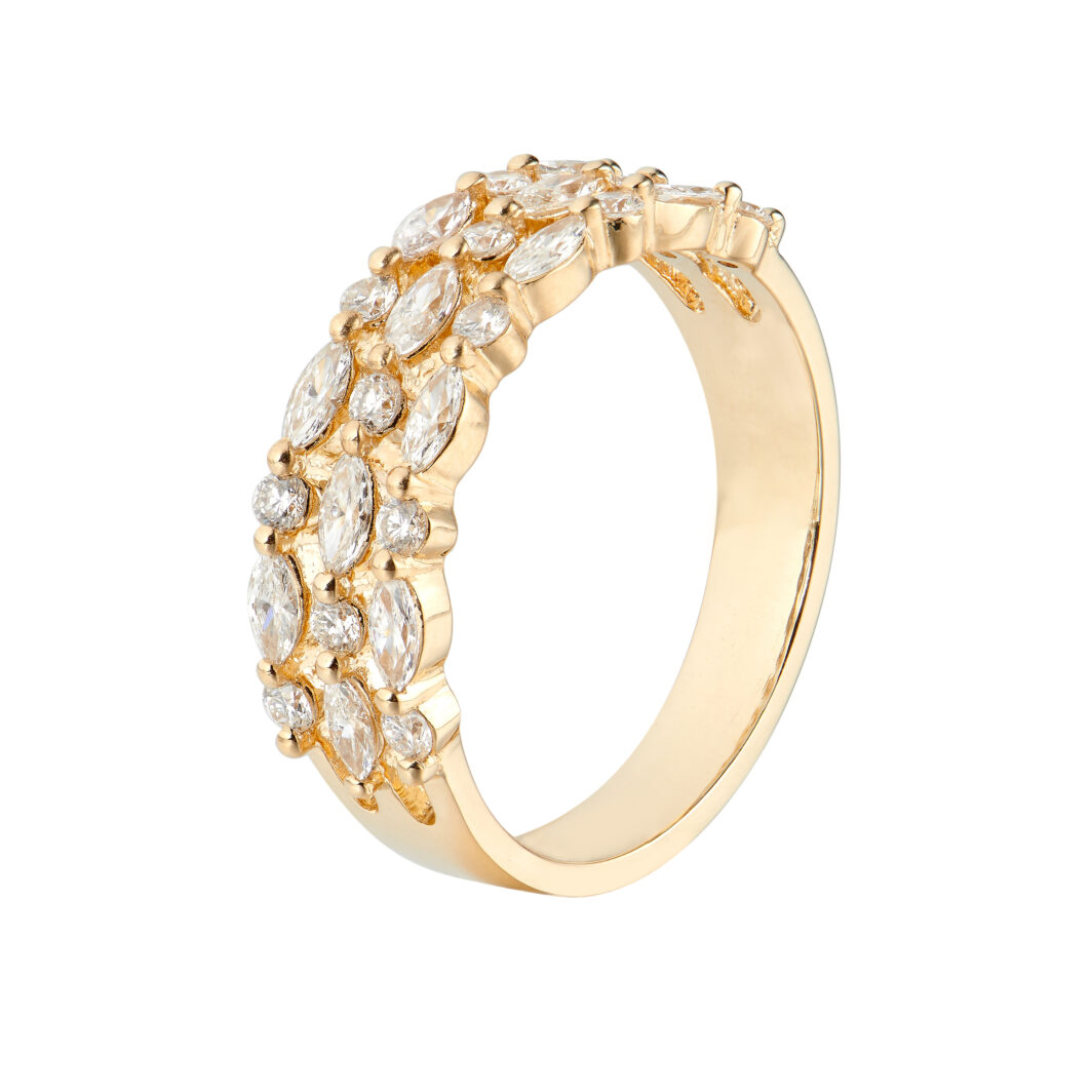 a gold ring with white stones on it