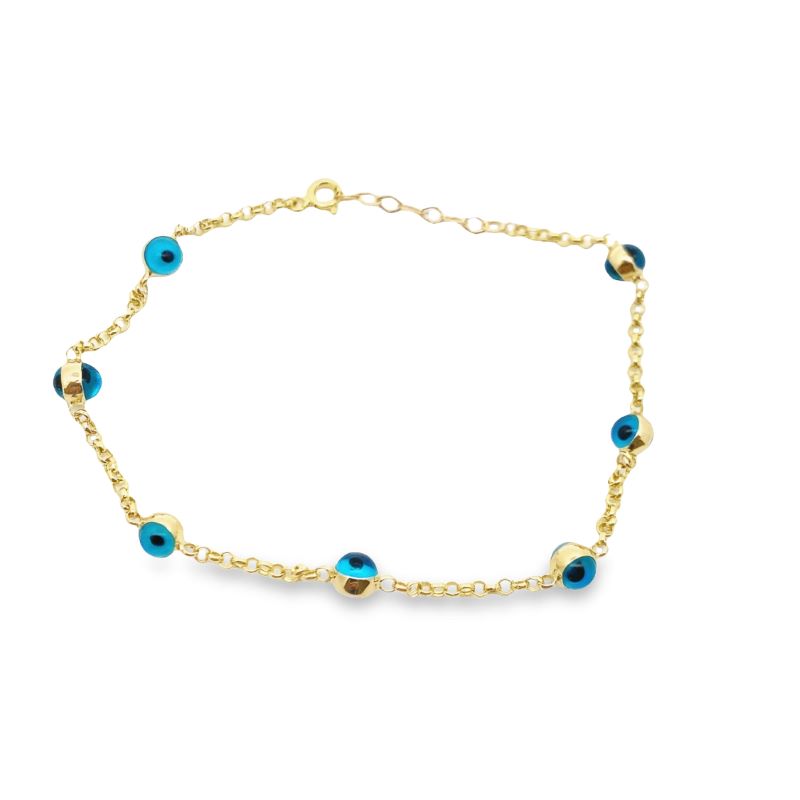 a gold chain bracelet with blue glass beads