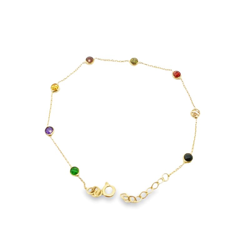 a gold bracelet with multicolored stones