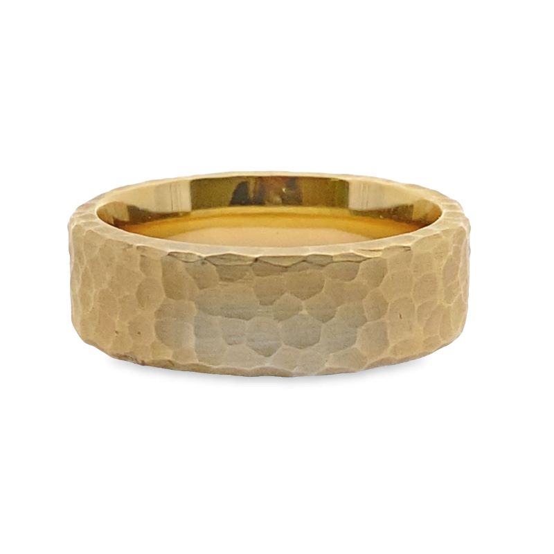 a gold wedding ring with a textured finish