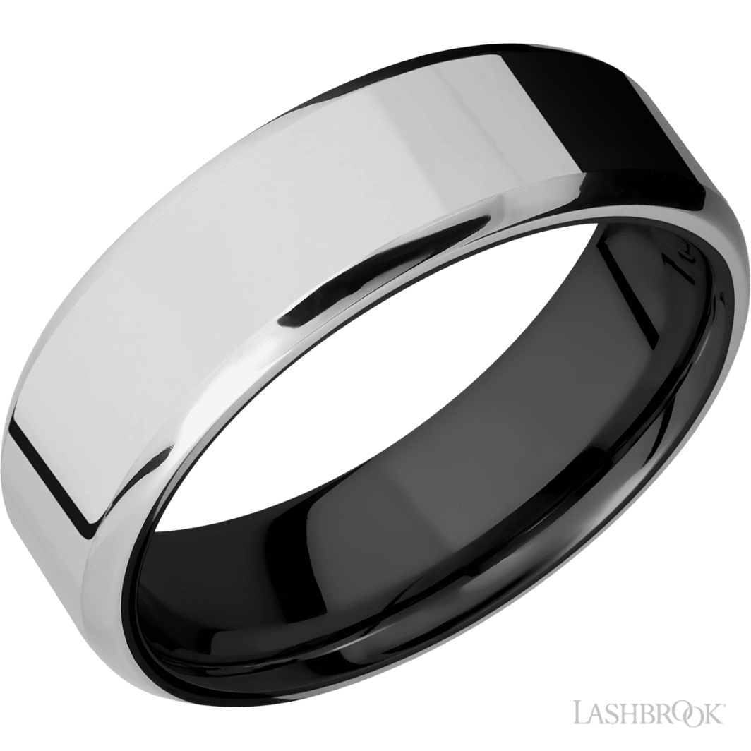 a black and white wedding band with a high polished finish
