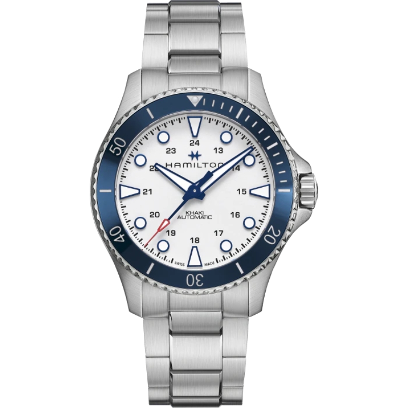 a watch with blue and white dials