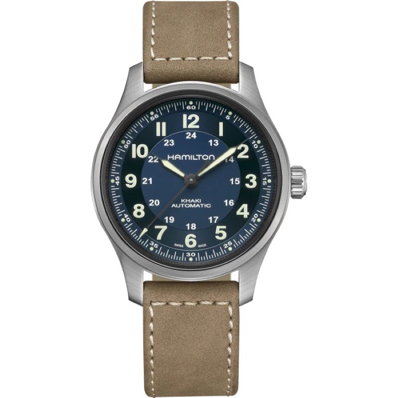 a watch with a blue face and brown leather strap
