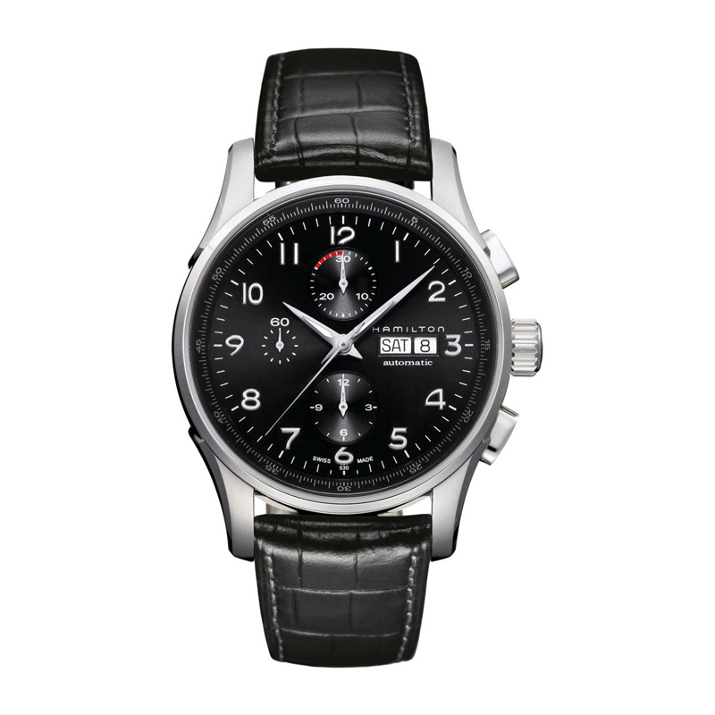 a watch with black dials and leather strap