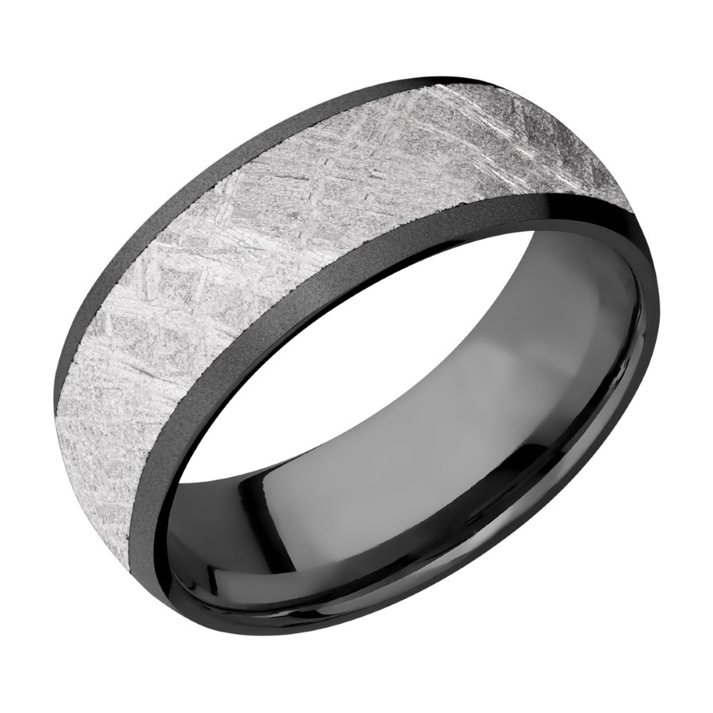 a black and white wedding band with a gray stone inlay