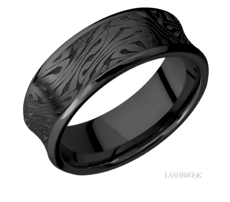 a black wedding band with an intricate design