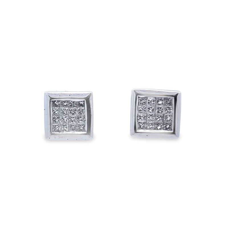a pair of square shaped diamond earrings