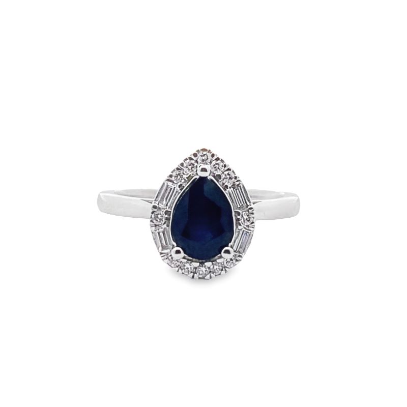 a white gold ring with a blue stone and diamonds