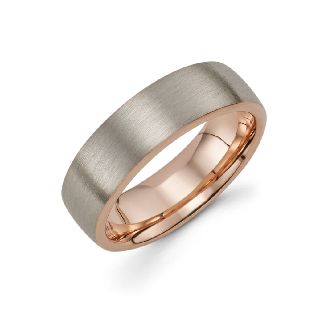 a rose gold wedding ring with an inlay
