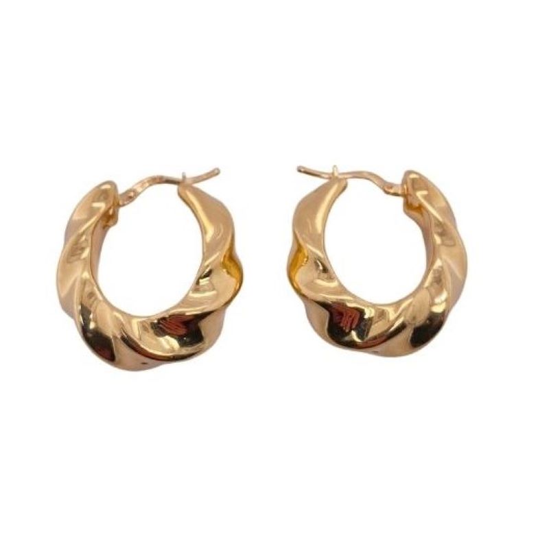 a pair of gold toned hoop earrings