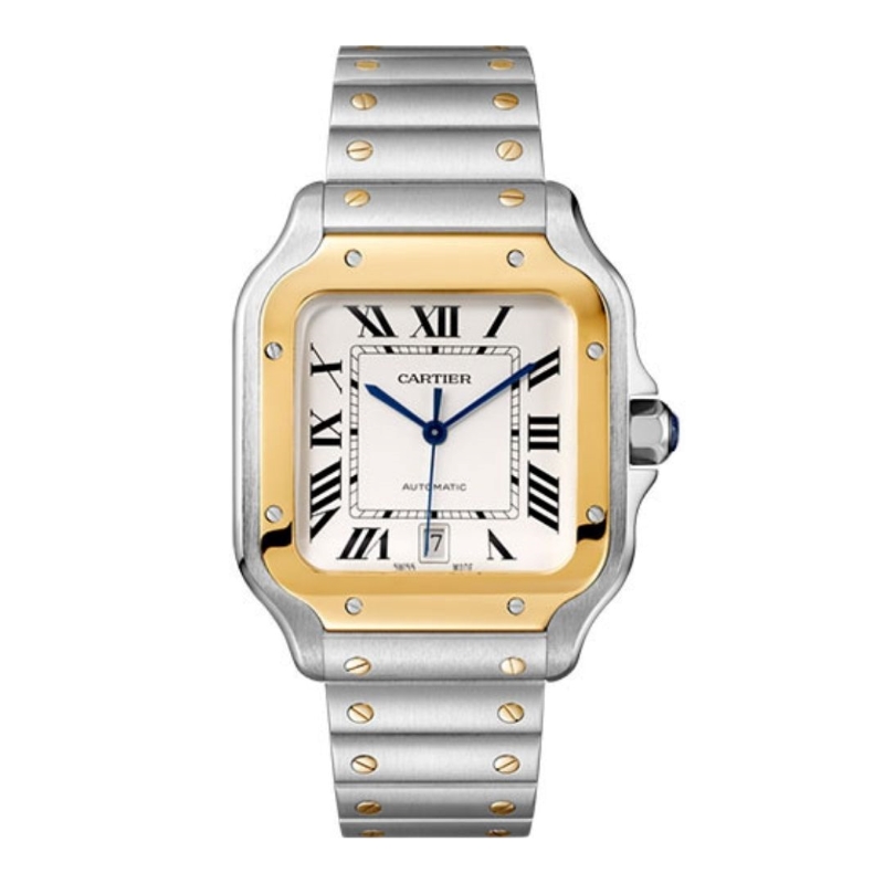 a silver and gold watch with roman numerals