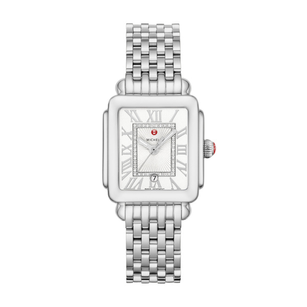 a women's watch with a white dial