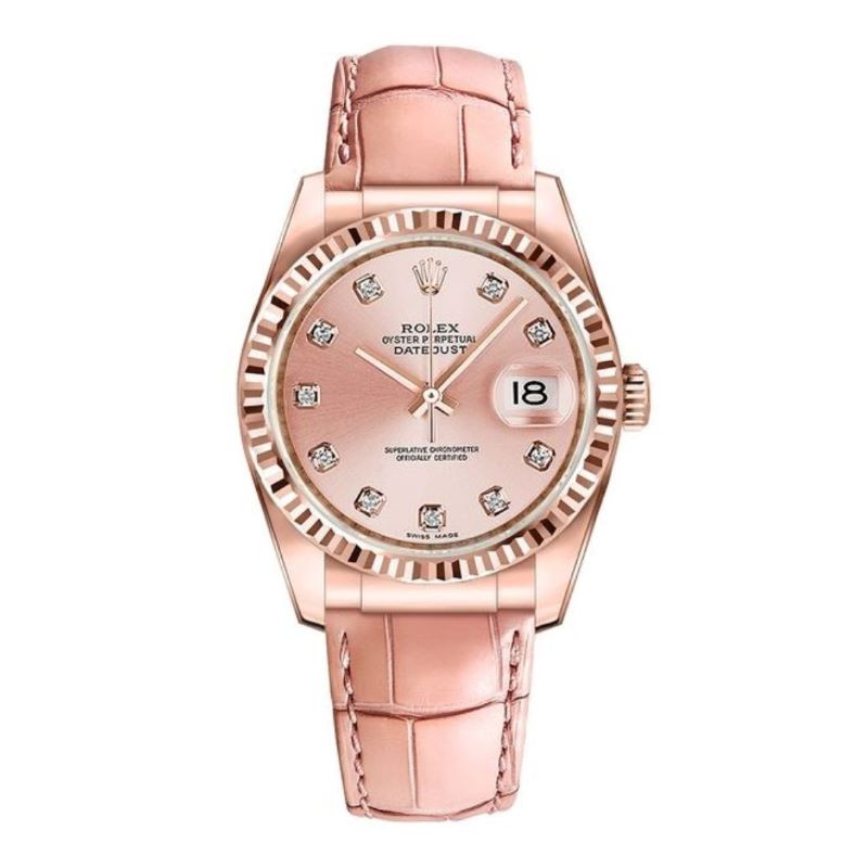 a pink watch with diamonds on the dial