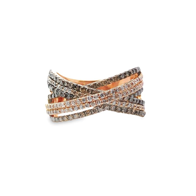 a gold and silver ring with two rows of diamonds