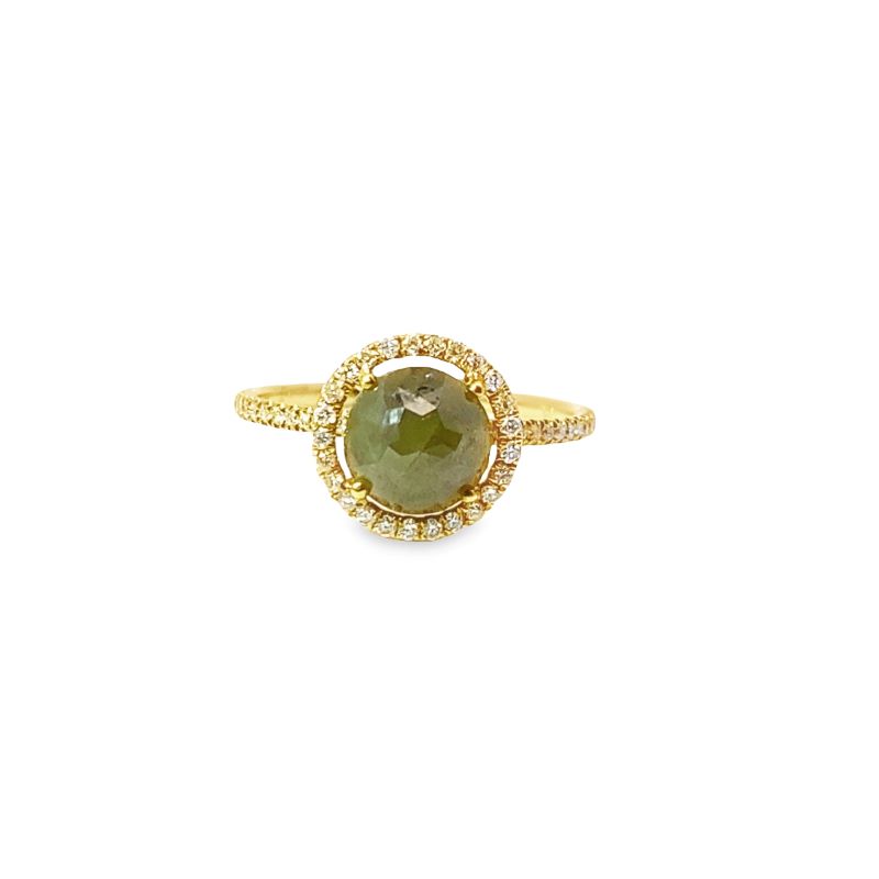 a ring with a large green stone surrounded by small diamonds