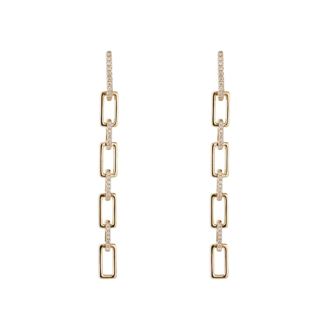 a pair of gold earrings with links