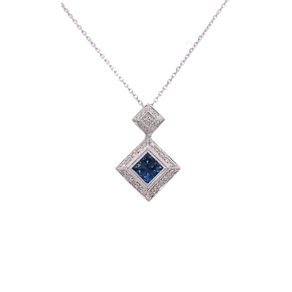 a blue and white diamond pendant on a chain
