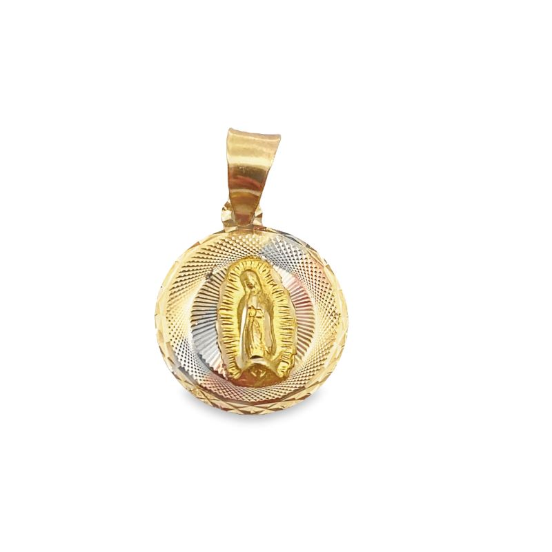 a gold pendant with a virgin mary on it
