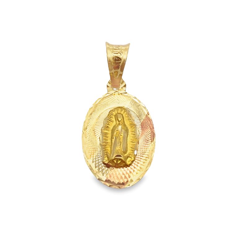 a gold pendant with a virgin mary on it