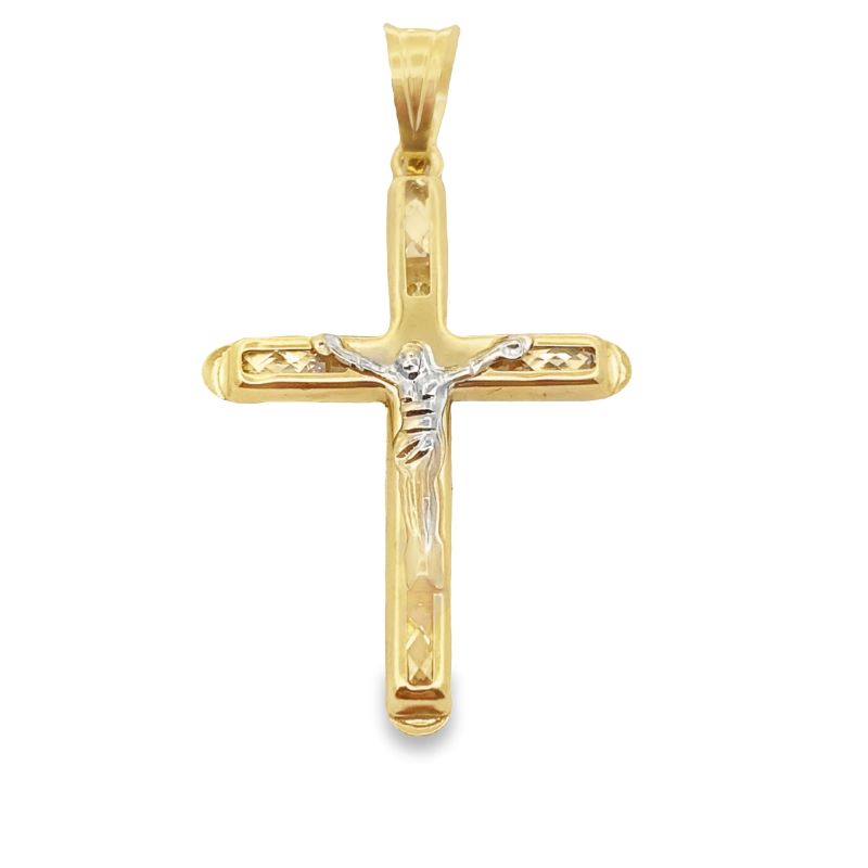 a gold cross with a jesus on it