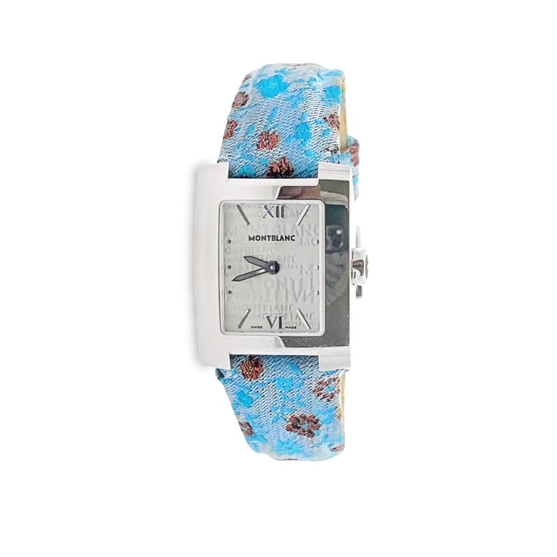 a blue watch with flowers on it