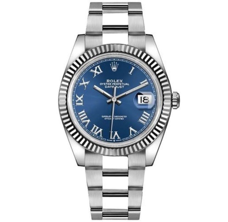 a rolex watch with roman numerals and blue dial
