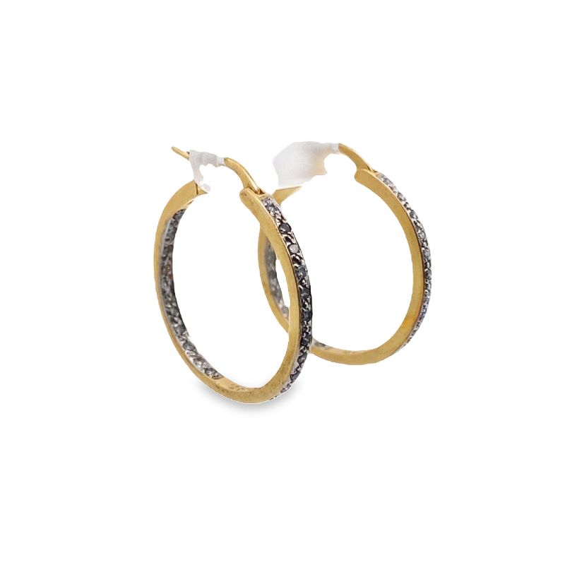 two tone gold hoop earrings with black and white diamonds