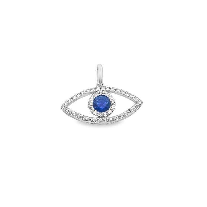 an evil eye charm with blue sapphire and diamonds