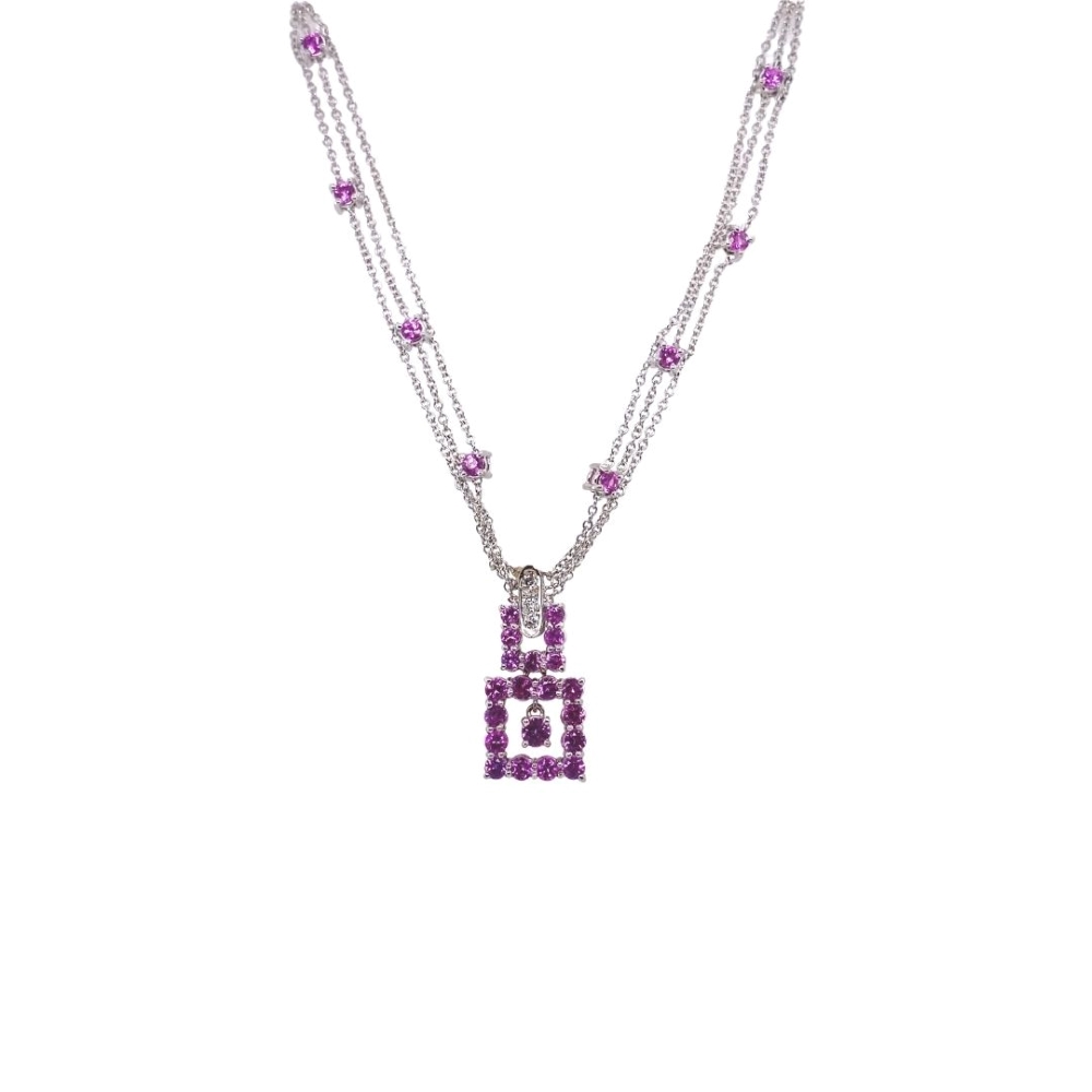 a necklace with purple beads and a square pendant