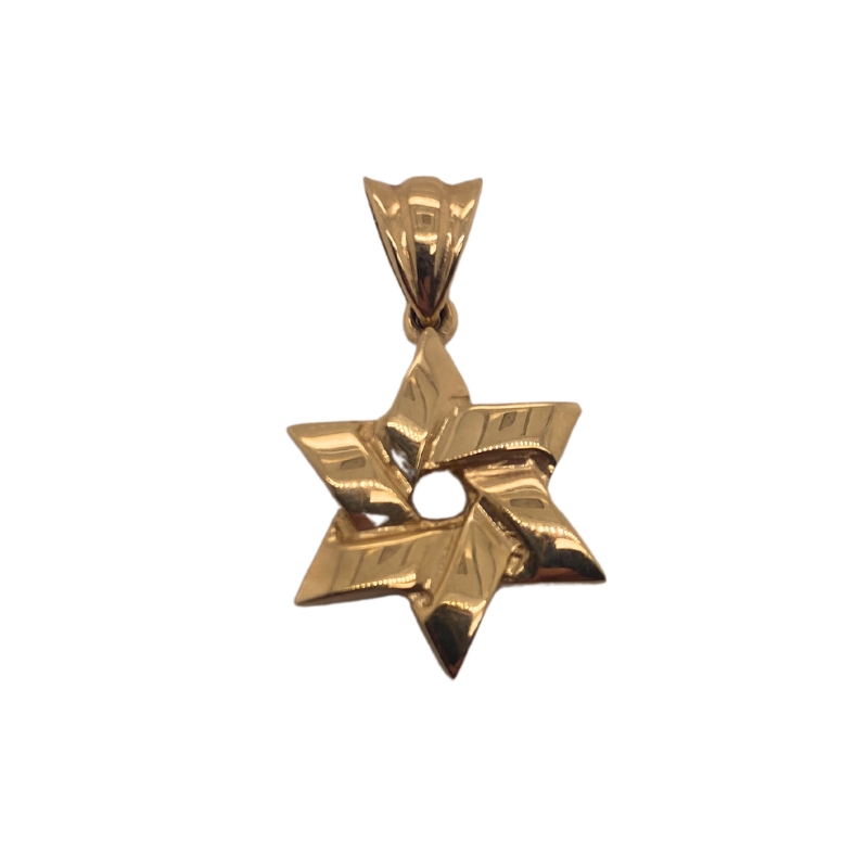 a gold star of david pendant on a white background