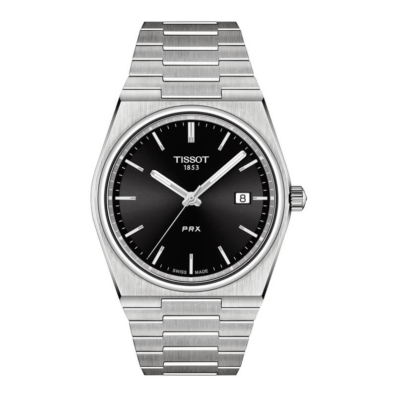 a watch with black dials on a steel bracelet