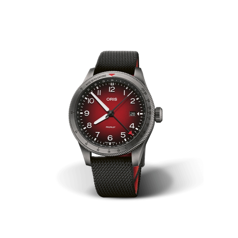 a watch with red and black dials
