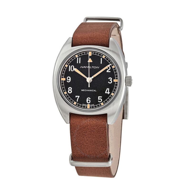a watch with brown leather strap and black dial