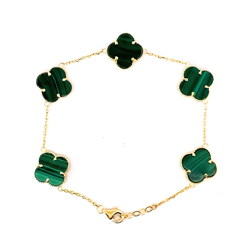 14kt Yellow Gold Clover Bracelet w Green Malachite Stones