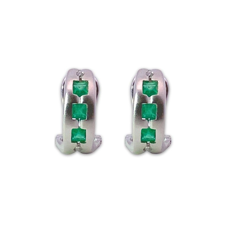 Diamond and Step Cut Emerald Huggies, 14kt